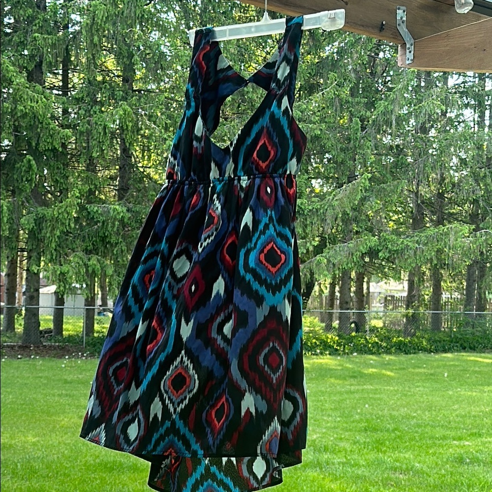 Roxy Medium Sun Dress Mini w/Back Cutouts Colorful Tribal or Geometric Print